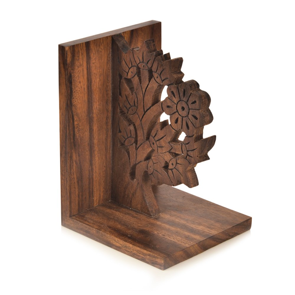Exclusivelane Engraved Tree Handcrafted Wooden Book Ends For Shelf (Sheesham Wood) | Bookends For Heavy Books Shelf For Home B